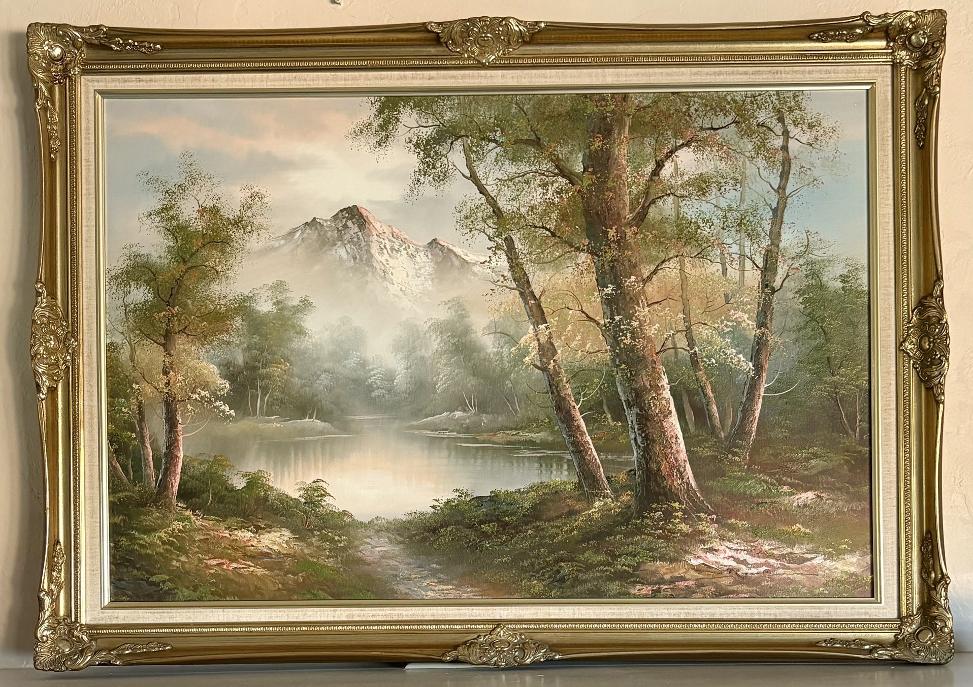 Vintage Oil Painting – Signed Ryan – Mountain Lake Landscape in Ornate Gold Frame (29”x41”)