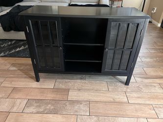 Black Wood TV Stand with Glass Panel Doors