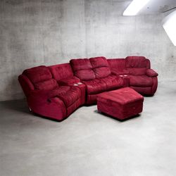 American Signature Suede Rose Red Reclining Sectional Sofa Set