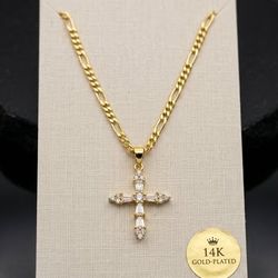 14K Gold-Plated Cross Necklace with Cubic Zirconia (New)