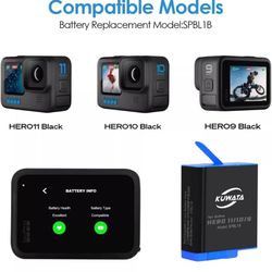 KUWATA Battery Charger Bundle for GoPro HERO12 Black & HERO11 Black & HERO10 Black & HERO9 Black, Triple Fast Charger + 3-Pack 1800mAh SPBL1B Replacem