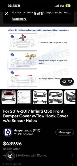 For 2014-2017 Infiniti Q50 Front Bumper Cover w/Tow Hook Cover w/o Sensor Holes