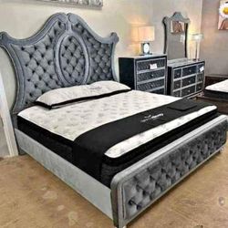 Cameo Gray Bedroom Furniture Set 🌟 Queen/King Size Bed, Chest, Dresser, Mirror, Nightstand, Mattress ⭐$39 Down Payment with Financing ⭐ 90 Days same 