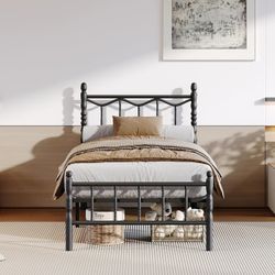 Twin Size Metal Platform Bed with Headboard and Footboard, Black       