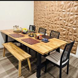 Dining Table Set – IKEA SKOGSTA (Solid Wood) + Chairs & Bench