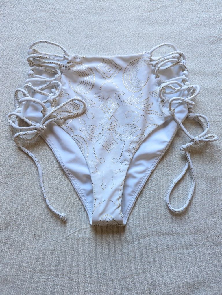 Women's Small High Rise Bikini Bottom Sea Gypsies Swim Swimwear Pure White Gold Ties 