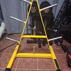 FOR SALE or TRADE: 
Heavy Commercial Gym Standard A-Frame Plate Tree – Yellow - Built like a tank. NOT your flimsy Amazon special.