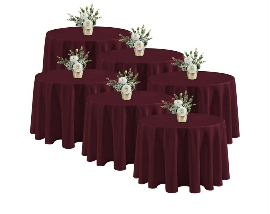New 6 Pack Burgundy Round Tablecloths - 120 Inches in Diameter - Stain Resistant and Washable Table Clothes, Polyester Fabric Table Covers for Wedding