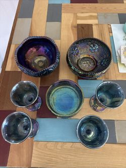 Fenton Blue Carnival Glass Set of 3 bowls + 4 goblets