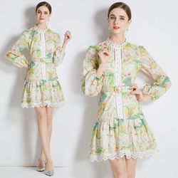 Runway Fashion Retro Floral A-Line, Mock Neck, Lace Trim, Belted Chic & Trendy Day and Evening Wear