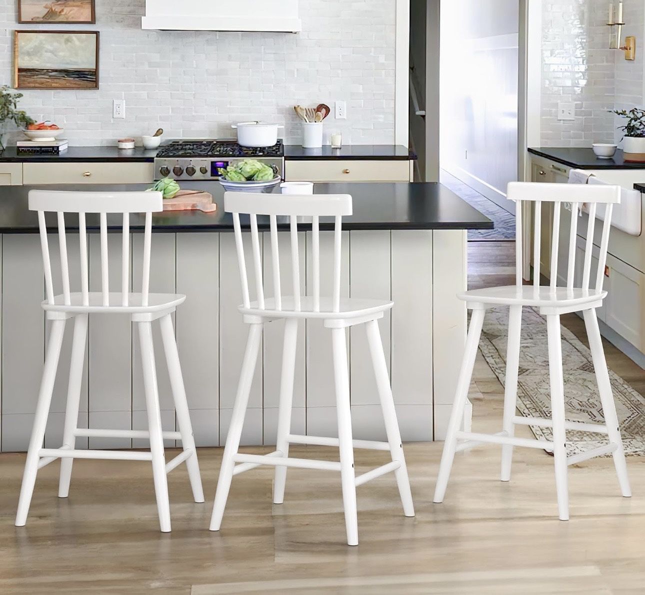 Assembled Wooden Barstools Set of 3 for Kitchen Island, Farmhouse 30 Inch Bar Height Stools Chairs with Spindle Back for Bar Bistro, white