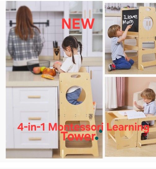 Lora Dew 4-in-1 Montessori Learning Tower with Chalkboard and Safety Rail, Kitchen Helper Stool for Toddlers Folding Step Stools for Kids 1-6years Chi