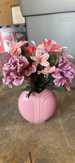Small Pink Ceramic Vase with Artificial Flowers