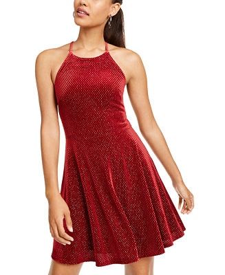 Rosie Harlow Juniors' Sparkle Halter Neck Skater Dress Size Small