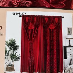 Red Jacquard Curtain Set with Valance