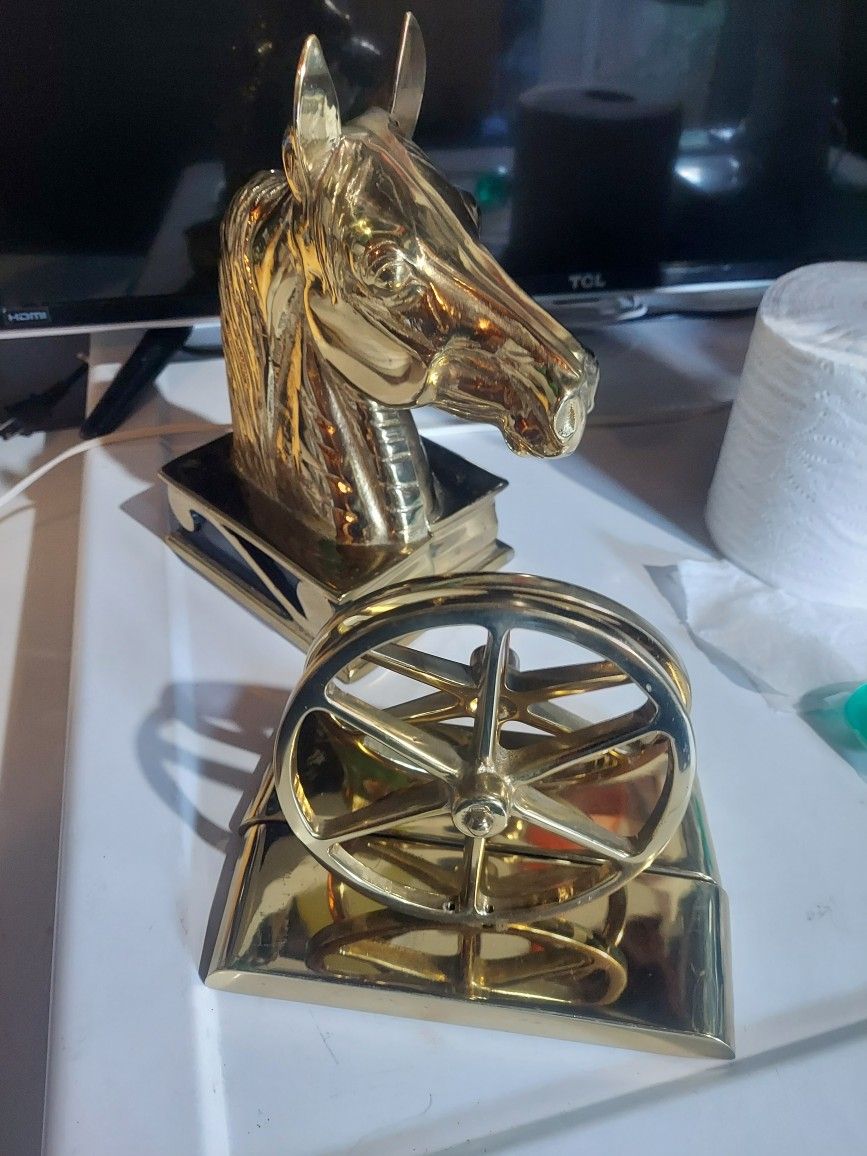 2 Set Vintage Brass Head Horse And Wagon Wheel Bookends