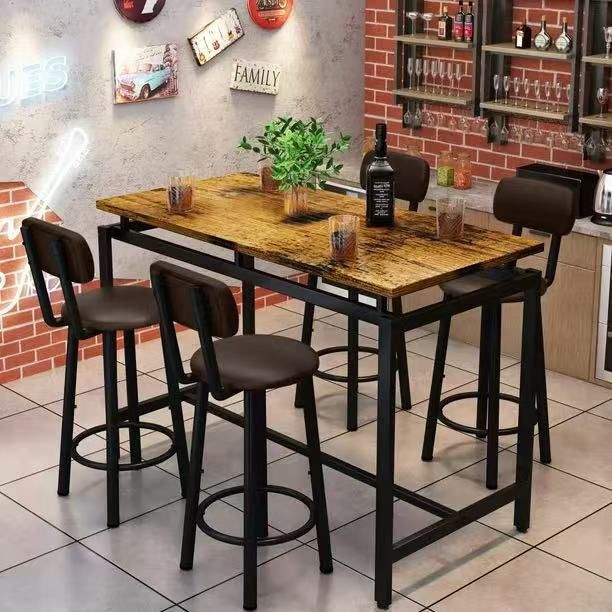 Lamerge Bar Dining Table Set for 4 Industrial Pub Table and Chairs, Kitchen Counter Height Table & 4 PU Leather Upholstered Stools with Backrest Space