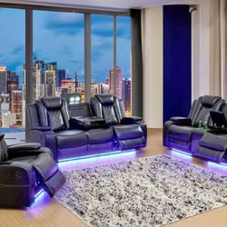 Brand New All Power Black Leather Reclining Couch Set