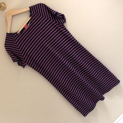 Sail To Sable Sz Medium Striped T-Shirt Dress Navy Blue, Pink, Exposed Gold Zipper, STS, Jersey