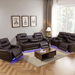 Power Electric brown Leather Fully Reclining Couch Set 