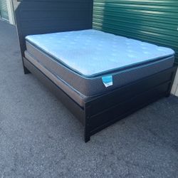 QUEEN BED FRAME WITH BOX SPRING AND MATTRESS 