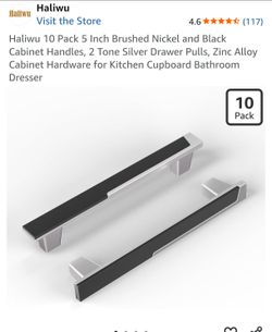 10 Pack 5 Inch Brushed Nickel and Black Cabinet Handles, 2 Tone Silver Drawer Pulls, Zinc Alloy Cabinet Hardware for Kitchen Cupboard Bathroom Dresser