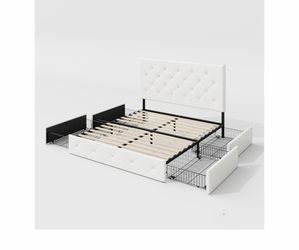Allewie Upholstered Queen Size Platform Bed Frame with 4 Storage Drawers and Headboard, Diamond Stitched Button Tufted, Mattress Foundation with Woode