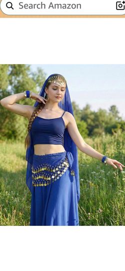 Blue Belly Dance Costume Set with Gold Coins