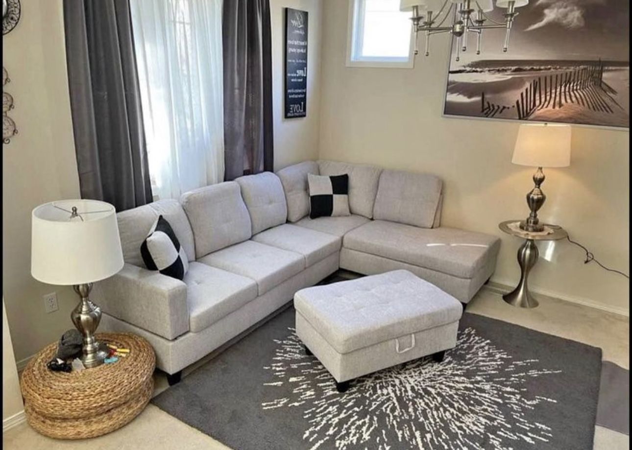 Grey Linen Sectional Couch And Ottoman 