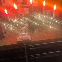 Vintage Five Candle Holder With Lights, A Stocking Hanger Of A Deer Or Elk And A Santa Head Crocheted