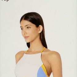 Surf Bikini Top 🌺Hurley Women’s Quick-Dry Rib Blocked Sz(Sm) White-Blue-Yellow “New” $25 Off