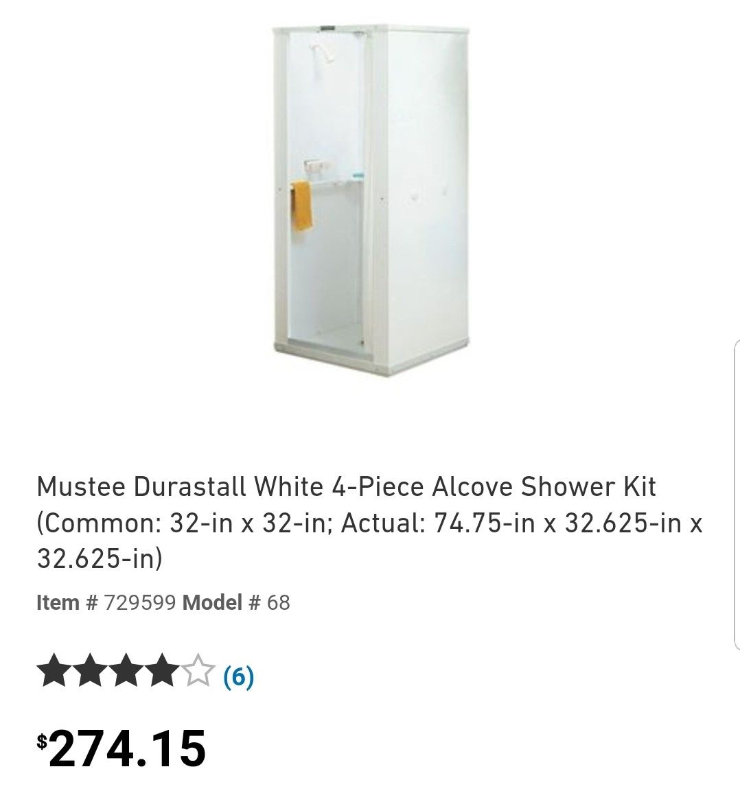 Mustee Durastall 753/8 in. H x 36 in. W x 36 in. White Complete shower