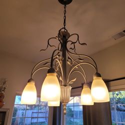 Hanging Light Fixture Chandelier For Dining Room Ceiling With 5 Frosted Glass Shades