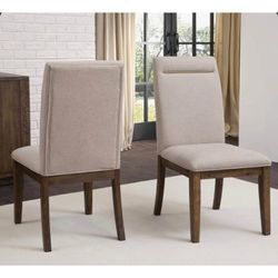 Dining Chairs (2) Beige Fabric - Toffee Wood Legs - Brass Accent - New “open box” - Delivery Avail