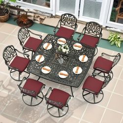 9-Piece Outdoor Patio Dining Set for 8, All Weather Cast Aluminum Patio Funiture Table and Chairs Set- Large 64" Square Table and 4 Swivel Rocker Chai