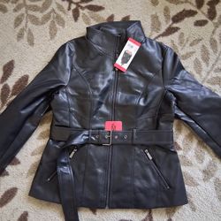 Kenneth Cole. Leather Look Jacket. Zip Front. Belt