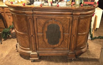 Antique Bar Buffet with Stone Top, Wine Rack, Drawers, and Shelves on wheels