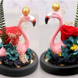 LED Flamingo Everlasting Flower Glowing Glass Cover, Real Handmade Roses Home Accessories, Valentine's Day, Christmas, Birthday, Wedding (Red - King)