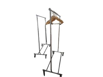 Chrome Rolling Clothing Rack with Wheels and Wooden Coat Hangers