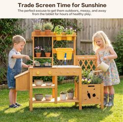 Wooden Mud Kitchen for Kids, Outdoor Play Kitchen with Real Running Water Sink, Mud Table, Gravity Water Tank, Planting Box, Critter Observation Box, 