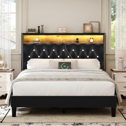 Full Size Bed Frame with LED Lights, Velvet Upholstered Bed Frame Full with Charging Station and Storage Headboard, Modern Diamond and Rivet Design, N