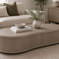 Oslo Oak coffee Table, Modern Oval Wooden Center Table with Vertical Groove Design, 59x18X15 inch 