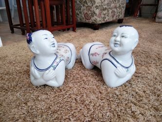 1 pair Vintage Chinese Porcelain Figural Headrests Statutes–Boy & Girl