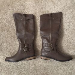 The Rampage Women's Brown Smooth Faux Leather Knee High Hansel Boots in size 8.5
