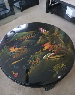 Vintage Asian Round Table with Glasstop and Tray