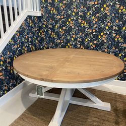 Pottery Barn Hart Round Pedestal Extending Dining Table, Driftwood/Limestone White, 63" -79”L