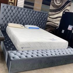 ● Prague Gray Black Blue Upholstered Velvet Storage Platform Bed Queen King Full Twin Bed
