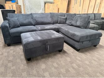 Black corduroy sectional w/ storage ottoman