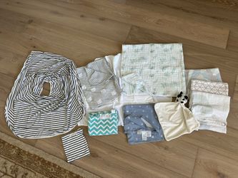 Bundle Of Baby Blankets, Disney Muslin Cotton, Pottery Barn Kids Swaddle Blankets, Baby Gap, Car seat Cover, Nursing Cover, Jellycat Dog Soother 