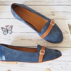 Julia Blue Flats, Leather and Suede, Handmade Women Shoes, Comfortable Unique Shoes, Casual Wear, Vintage Shoes Made in Argentina.
